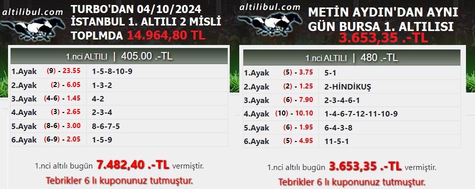 TOPLAMDA 18.618,15 TL METİN AYDIN (BURSA 1. ALTILI )VE TURBO 'DAN ( İSTANBUL)1. ALTILI .
