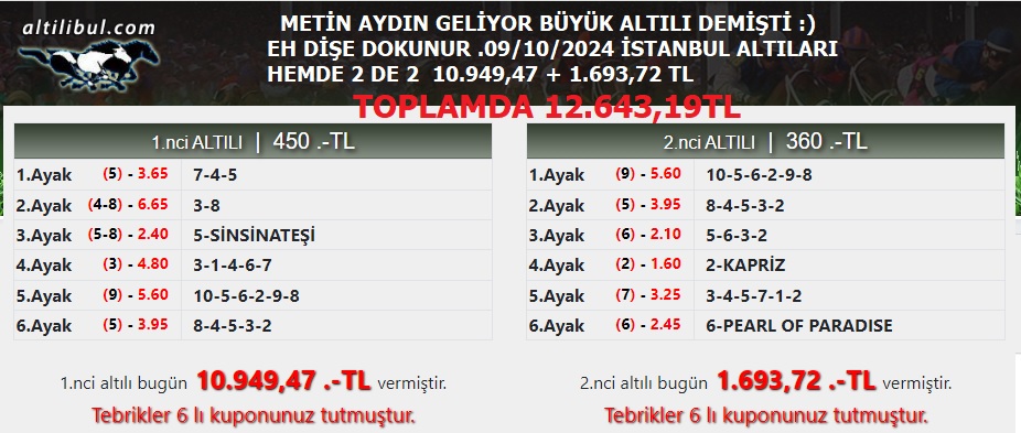 https://www.altilibul.com/ 9/10/2024 İSTANBUL 1. ALTILI 10.949,47 .-TL. VE 2. ALTILI 1.693,72 .-TL METİN AYDIN ' IN BAŞARILI KUPONLARI İLE CEPTE